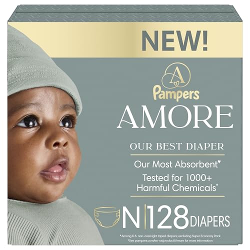 Image of Pampers Amore, Size 0 (up to 10 lbs), 128 Count, Our Best Diaper – Hypoallergenic & Fragrance Free, Up to 100% Leakproof, Soft as Cashmere