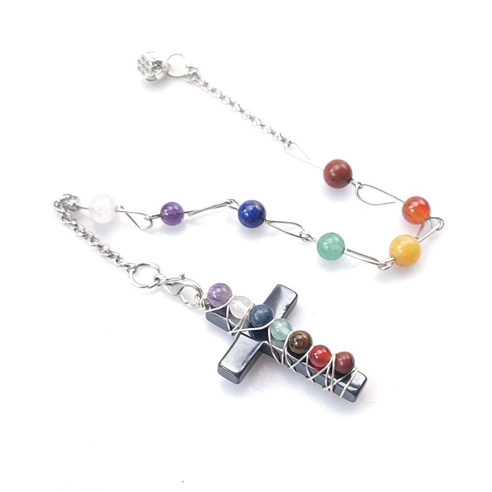 Crystal TOME 7 Chakras Crystal Beads Stone Wire Wrapped Cross Pendulum, Divination Pendulum Pendant for Dowsing Praying Reiki Healing with Energy Healing Beads Chain (Chakra Cross Pendulum)