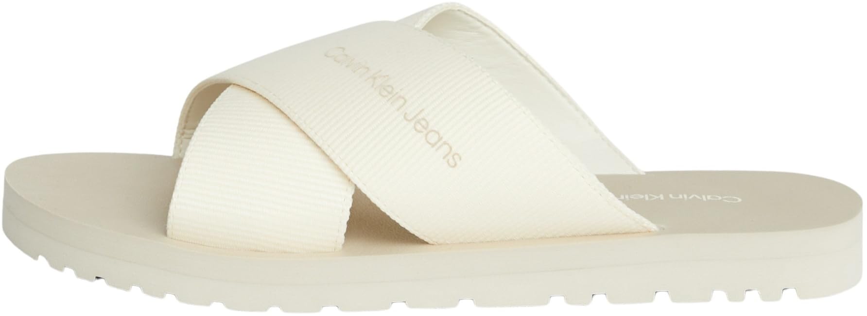 Calvin Klein Jeans Men's Cross Sandal Slipon RP in BTW Flat Sandal, Creamy White/Eggshell, 6.5