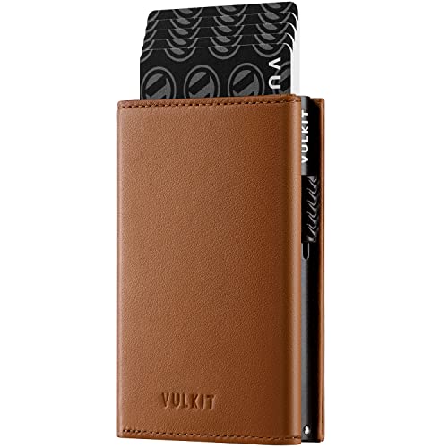 Image of VULKIT Card Holder Wallet with Coin Pocket Magnetic Closure Pop Up Cards With ID Window Leather Wallet for Cash & Credit Cards, Top Grain Cowhide - Brown, One Size, Minimalist