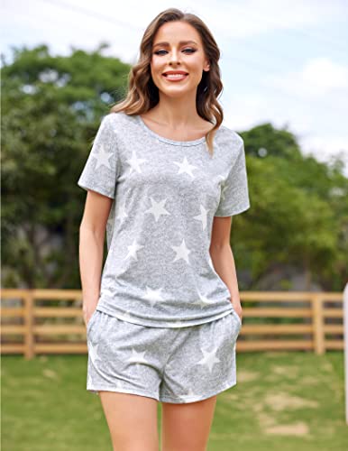 Ekouaer Womens Short Sleeve Pajamas Set Sleepwear Nightwear Star Pattern Bottom Lounge Nightgowns Pjs Sets(Light Grey White Star, Small) #TOP2