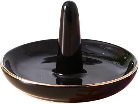 oskas Black Round Ring Tray Holder, Decorative Porcelain Ornament Jewelry Tray for Rings, Earrings, Necklaces, 4 Inch, Engagement Wedding Birthday Mothers Day Christmas Gift, Ceramic