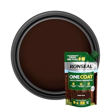 Ronseal One Coat Shed & Fence Pouch Dark Oak 950ml - Mix with Water to Make 5 Litres of Paint for Effortless Coverage and Long-Lasting Protection