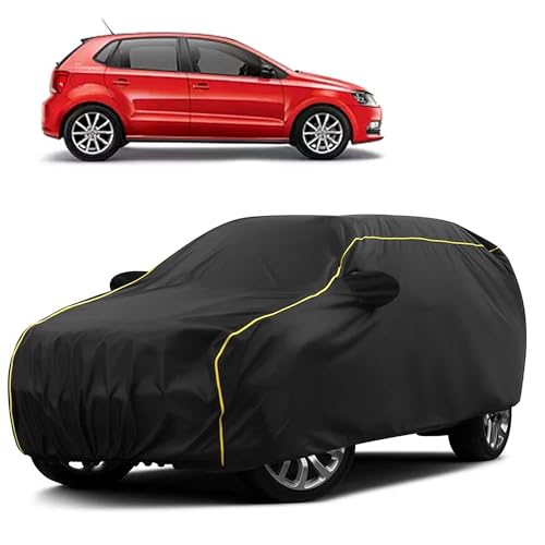 Image of Sulfar 100% Water Resistant Car Body Cover Compatible with Mirror for Volkswagen Polo GT (Triple Stitched, Full Bottom Elastic, Black Taffeta with Yellow Piping)