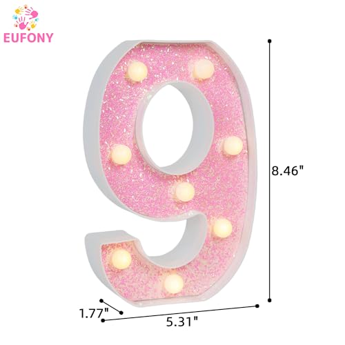Image of Pink Glitter Marquee Light Up Numbers, LED Number Lights Battery Operated for Girls 9th 19th Pink Birthday Party Table Decorations, Wall Decor for Girls Bedroom, Number 9 Sign Warm White Lights