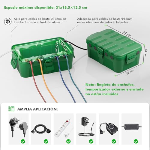 Miniatura 2 de Restmo Caja De Protección Extra Grande De Enchufe Para Cable De Extensión, 32x22x13 Cm, Caja De Cables Eléctrica Impermeable Ip54 Para Exteriores, Accesorios Para Electricidad, Verde