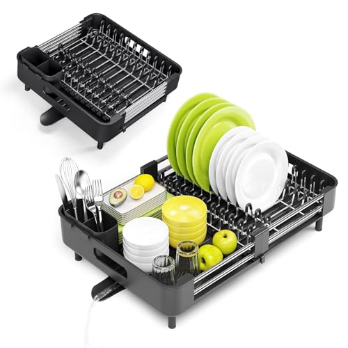 Image of Urackify Stainless Steel Dish Drying Rack - Dish Drainer for Kitchen Counter, Extendable Drainboard with Foldable, Space-Saving Cup & Bowl Organizer, Includes Knife and Utensil Holder, Black