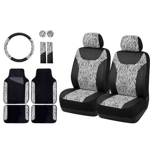 Image of AUTOFAN Zebra Print Car Seat Covers Full Set, PU Leather Interior Combo with 2 Front Seat Covers, 4 Floor Mats, Steering Wheel Cover, Seat Belt Pads & Cup Holder Coasters, Universal Fit