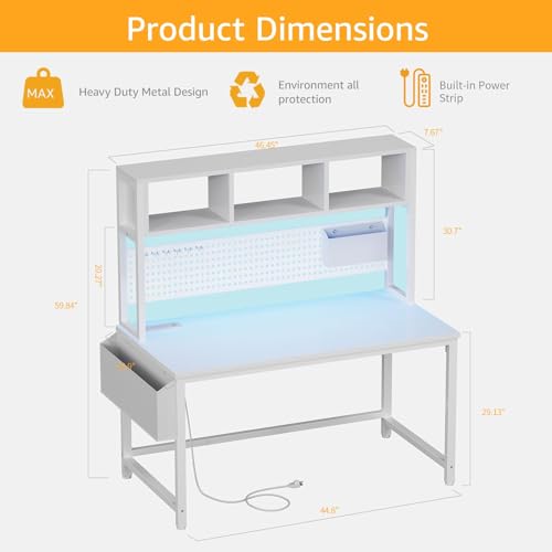 White Computer Desk with Hutch and Pegboard - Computer Desk with Power Outlets, 47 Inch Modern Study Teen Desk with Pegboard Storage Bag, Hooks and Side Bag,Writing Desk for Bedroom Home Office - Image 4