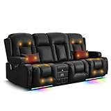 TUNYI Power Loveseat Recliner Sofa with Massage & Heat Home Theater Seating with Console RV Recliner Loveseat Sofa with USB/Outlet/Storage/Side Pocket/LED Light/Speaker (Black, 4 Seat)