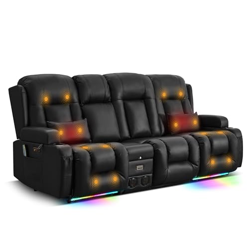TUNYI Power Loveseat Recliner Sofa with Massage & Heat Home Theater Seating with Console RV Recliner Loveseat Sofa with USB/Outlet/Storage/Side Pocket/LED Light/Speaker (Black, 4 Seat)