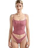 SUUKSESS Women Double Line Square Neck Tank Top Summer Going Out Tops Sleeveless Basic Cami Shirts (Red Plaid, M)