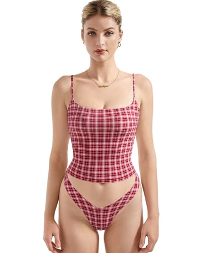 Image of SUUKSESS Women Double Line Square Neck Tank Top Summer Going Out Tops Sleeveless Basic Cami Shirts (Red Plaid, S)