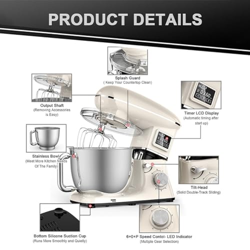 ZXNANA Stand Mixer, 6.5QT Electric Kitchen Food Mixer, 6 Speed Dough Mixer 1600W Tilt Head Kitchen Mixer, Baking Mixer (White) - Image 5
