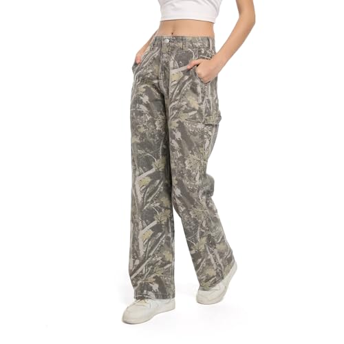 PinkyMoor Women Camouflage Cargo Pants Camo Pants Stretchy Wide Leg Trousers Jeans, Travel Y2K Streetwear Baggy Pants with 5 Pockets(S)