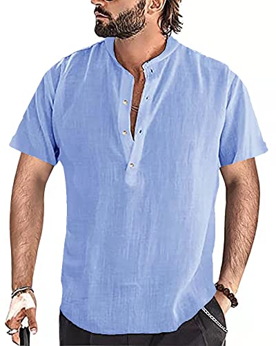 YAOBAOLE Camisa de lino para hombre de manga corta verano Mao casual Henley Camisetas de playa clásica, azul, XXL