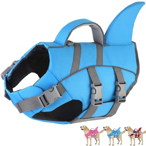 Dogcheer Dog Harness-Style Life Jacket Shark, Reflective Dog Life Vest for Swimming Boating, Adjustable Puppy Swim Vest, Pet Floating Device for Small Medium Large Dogs - Blue, XS