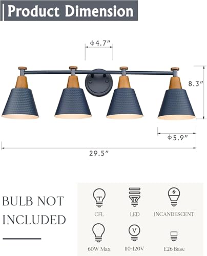 Image of FEMILA 4-Light Bathroom Light Fixtures, Farmhouse Modern Vanity Lights Wall Lamp with Hammered Metal Shade Finish, Dark Blue, 4FG59B-4W Blue