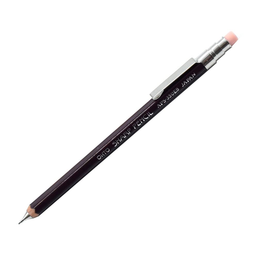OHTO Mechaniczny ołówek z drewna mini ostry z gumką i klipsem 0,5 mm, bordowy korpus (APS-350ES-Enji)