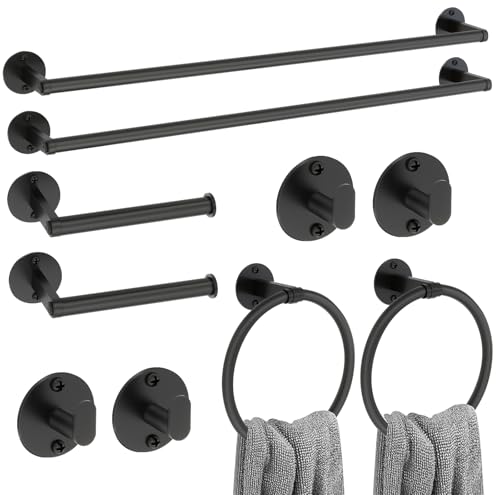 Matte Black Bathroom Accessories Set, 10 Pieces Bathroom Hardware Set, 24 Inch Stainless Steel Bath Towel Bar Set, Towel Racks for Bathroom, Robe Towel Hooks, Toilet Paper Holder Wall Mounted