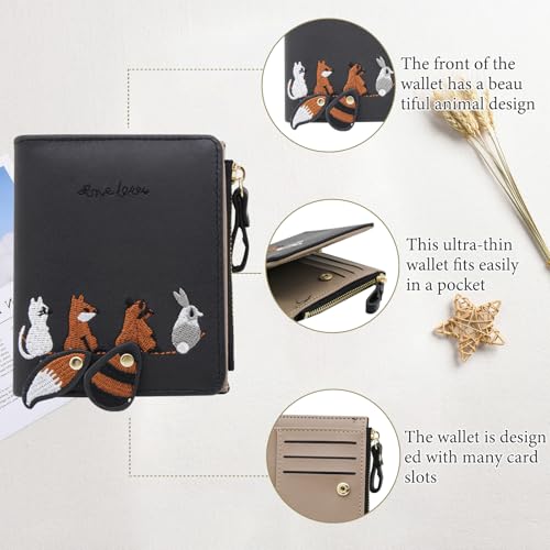 Women Wallet, PU Cute Credit Card Wallet with Zipper and Snap, Bi-fold Wallet with Embroidered Pattern for Traveling, Working(Green)4