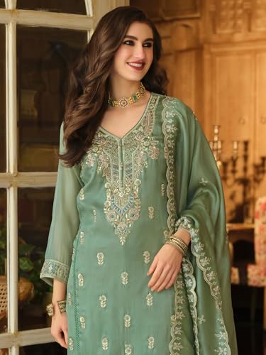 Image of INDO ERA Women's Straight Organza Ethnic Motifs Embroidered Kurta & Pant With Dupatta Set (KH9YL10613)