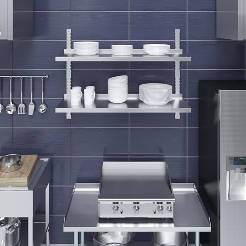 Image of AmGood 16 in. x 48 in. Two-Tier Stainless Steel Wall Mount Shelf | Heavy-Duty Metal Shelving for Kitchen, Garage, Pantry, Closet, and More