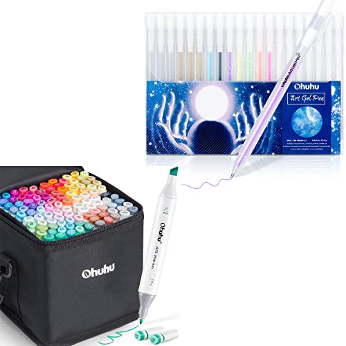Ohuhu Alcohol Based Markers Double Tipped Art Marker Set + 20 Packs Gold Silver White Gel Ink Pen 10 Colors Fine Point White Pens #TOP21