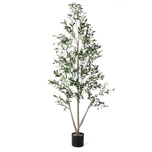 Olive Trees Artificial Indoor, 6FT Tall Faux Olive Tree with Light Kit Moss and Planter, Faux Plants Indoor with Natural Wood Trunk and Lifelike Fruits, Fake Tree for Home Office Living Room Decor