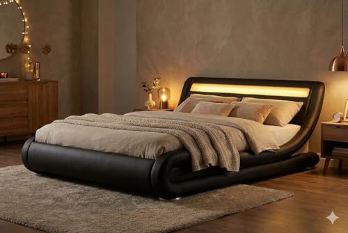 CONCEPT USINE | Lit Double Seattle 160x200 cm avec LED | Design Moderne en Simili Noir | Tête de Lit Lumineuse | Télécommande LED 4 Couleurs Incluse |...