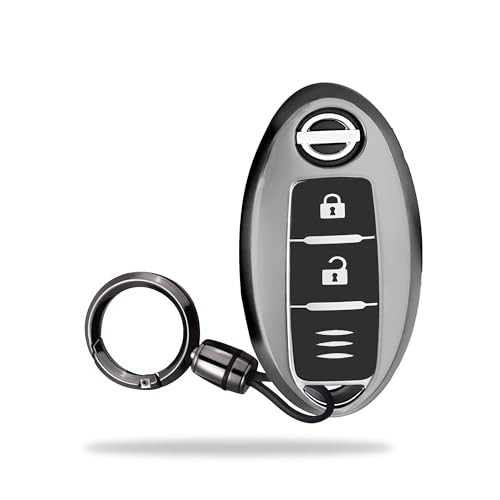 Image of SIAGO TPU Key Cover and Round Key Chain Compatible with Micra, Sunny, Micra Active, Magnite, Teana 2 Button Flip Key (Grey)