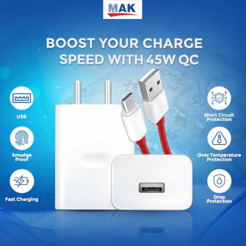 Image of MAK Original 45W SUPERVOOC Fast Charging Adapter with USB to Type-C Cable, Red, 45W Power Delivery Wall Charger Compatible with OnePlus 11, OnePlus Nord CE 3, F21 Pro & USB-C Devices.