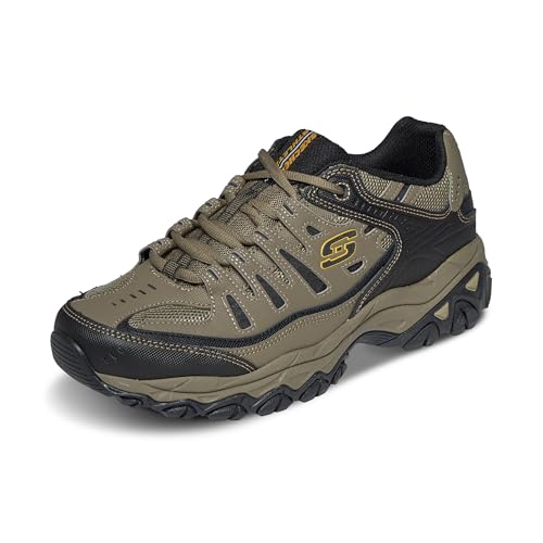 Skechers Men's Afterburn M. Fit Fashion Sneakers – Leather Upper, Memory Foam Insole, Rubber Outsole, Pebble/Black, 12