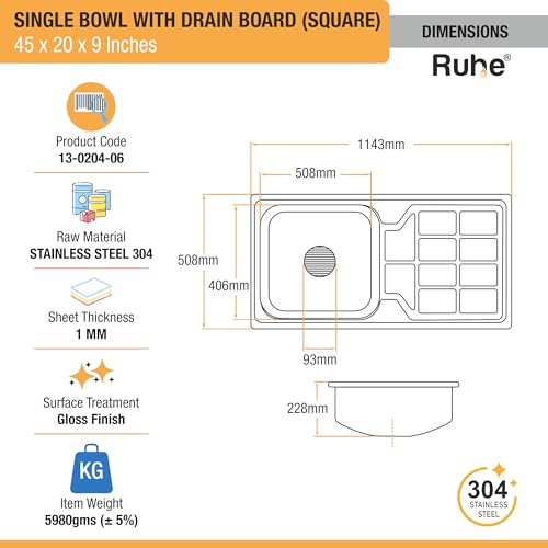 Image of Ruhe? Square Single Bowl 45 x 20 x 9 inch Drainboard Kitchen Sink | 304-Grade Stainless Steel Square Single Bowl with Drainboard Kitchen Sink | Glossy Finish | Included Sink Coupling and Waste Pipe