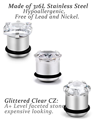 Vsnnsns 8G 6G 4G 2G 0G 1/2 inch Stainless Steel Ear Gauges - Round, Square, Heart, Cubic Zirconia - 3mm to 12mm - Silver, 3 Pairs4