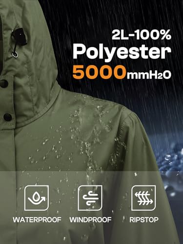 SaphiRose Lange Damen-Regenjacke, wasserdicht, leicht, mit Kapuze, verstaubar, knielang, Regenmantel, Grün , M
