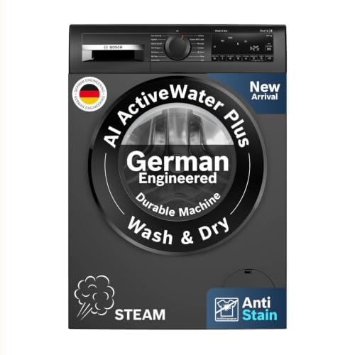 Image of Bosch 12 kg (washer), 7 kg (Dryer) 5 Star Front Load Fully Automatic Washer Dryer Machine, AI ActiveWater, Inbuilt heater, 14 Wash Programs, 66L Large Drum, Cast Iron Grey, WNA2740RIN (2026 model)