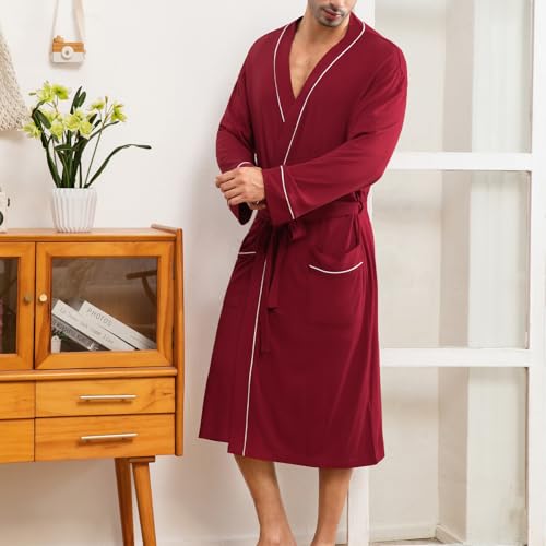 Mens Lightweight Robe Cotton Blend Kimono Bathrobe with Pockets, Soft Breathable Absorbent Loungewear for Home4