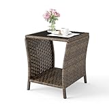 Elepude Outdoor Wicker Side Table Rattan Side Tables End Table for Patio with Glass Top Rattan Storage for Patio Garden Balcony