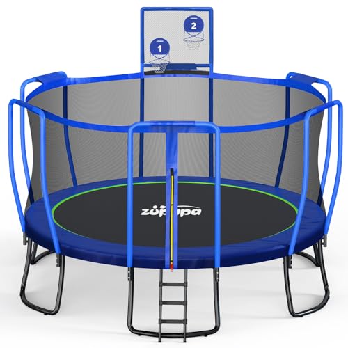 Zupapa 1800LBS Capacity No-Gap Design 16 15 14 12 10FT Trampoline with Safety Enclosure Net and Non-Slip Ladder 10-Year Quality Assurance Perfect for Kids Family Outdoor Backyard Fun