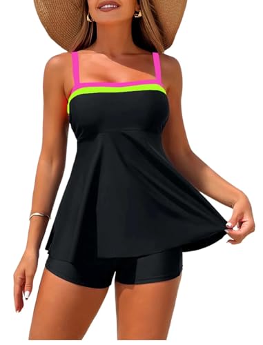 ZAFUL Womens Tankini Swimsuits Two Piece Color Block Bathing Suits with Swim Shorts Ruffle Swimwear Black Colorblock S