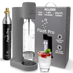 FizzIt Pro - Soda Maker Machine, grey - Easy One-Touch Sparkling Water Maker with Reusable 1L BPA-Free Bottle, 425g CO₂ Canister - No Power Required, Durable & Modern Design for Home Use