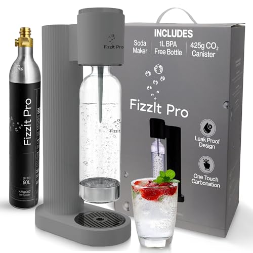 FizzIt Pro - Soda Maker Machine, grey - Easy One-Touch Sparkling Water Maker with Reusable 1L BPA-Free Bottle, 425g CO₂ Canister - No Power Required, Durable & Modern Design for Home Use