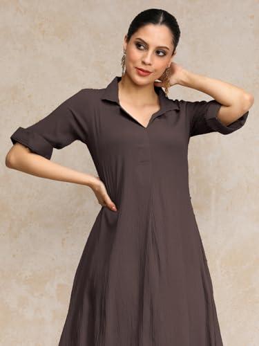 Image of Varanga Women Beige A -line Calf Length Dress Featuring Classic Shirt Collar and Short Sleeves which offering Comfort and Ease