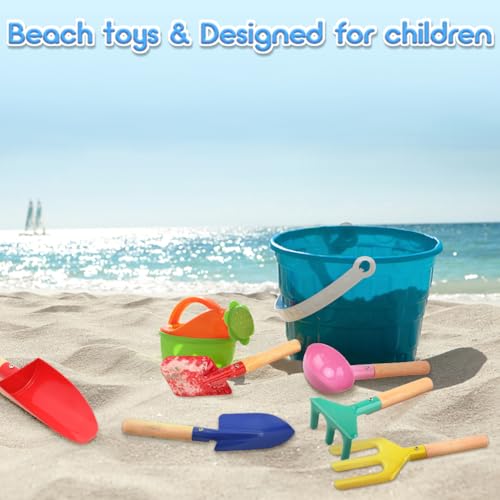 UMUACCAN Beach Toys for Kids,Beach Sand Toys, 8\'\' Metal Sandbox Toys with Sturdy Wooden Handle,Safe Beach Gardening Set,Spoon, Fork, Trowel, Rake & Shovel for Kids,Snow Shovel(6 pcs)