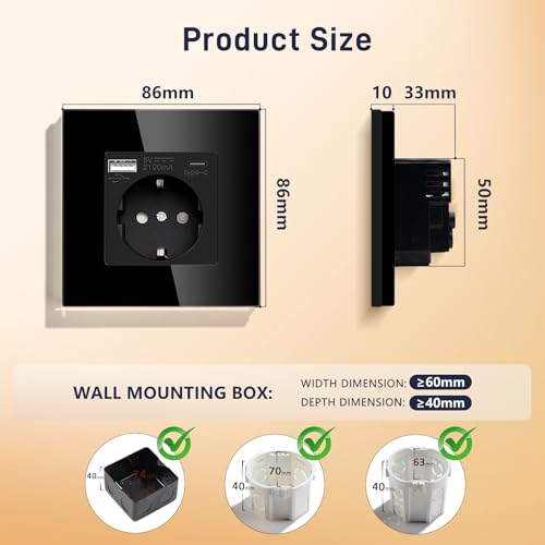 BSEED Schuko Steckdose Mit USB (Max. 2.1A) Und Typ C Port - Schwarz Glas Unterputz Schutzkontakt-Steckdose Ladegerät Für Handys, Laptops Etc