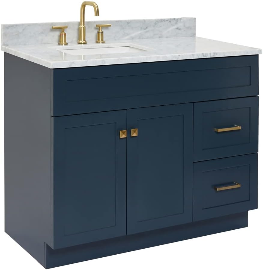 ARIEL Hamlet 42-inch Bathroom Vanity with Sink,Solid Wood, 0.75-inch Italian Carrara Marble Countertop & Backsplash, Single Oval Sink, 2 Soft Closing Doors, 2 Dovetail Drawers, Midnight Blue