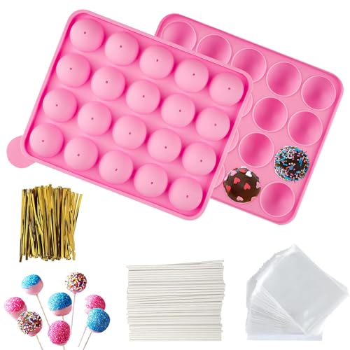 YXHZVON Stampo in silicone per cake pop, 20 cavità, con 100 bastoncini per dolcetti, sacchetti e cravatte, stampi per cioccolatini, caramelle dure, cioccolato, gelatina, lecca-lecca