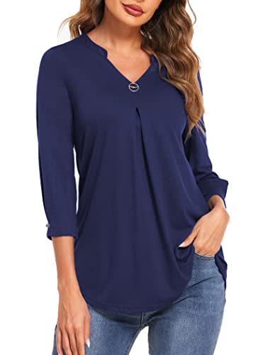 Halife Blouses for Women Dressy Casual 3/4 Sleeve Tops for Women Loose Fit V Neck Tunic Tops Navy Blue M