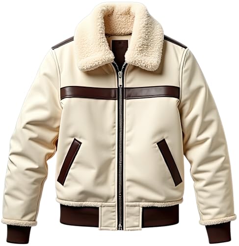 Men’s Cream Sherpa Shearling Sheepskin Leather Biker Jacket – Faux Fur Lined Modern Style Aviator Pilot B3 Bomber Jacket Men